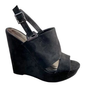 Carlos by Carlos Santana Black Suede Wedge Heels Peep Toe Size 7